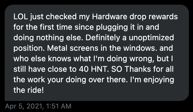 AgilePeter's tweet photo. Seriously. Our world first #hardwaredrop of giving out FREE $HNT miners is truly a set-and-forget.
You just earn. Free. Money. https://t.co/Iq37H2IvBu