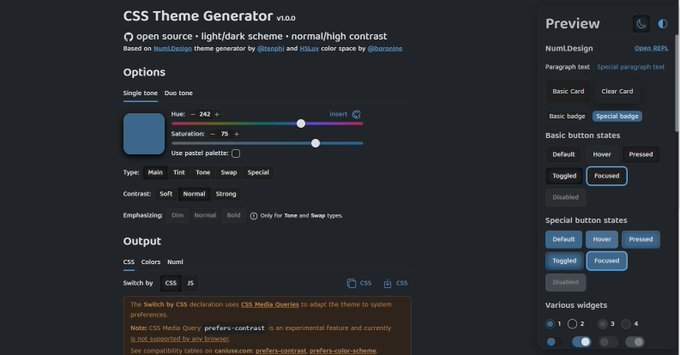  Color theme generator- A great tool for CSS dark/light theme  https://numl.design/theme-generator 