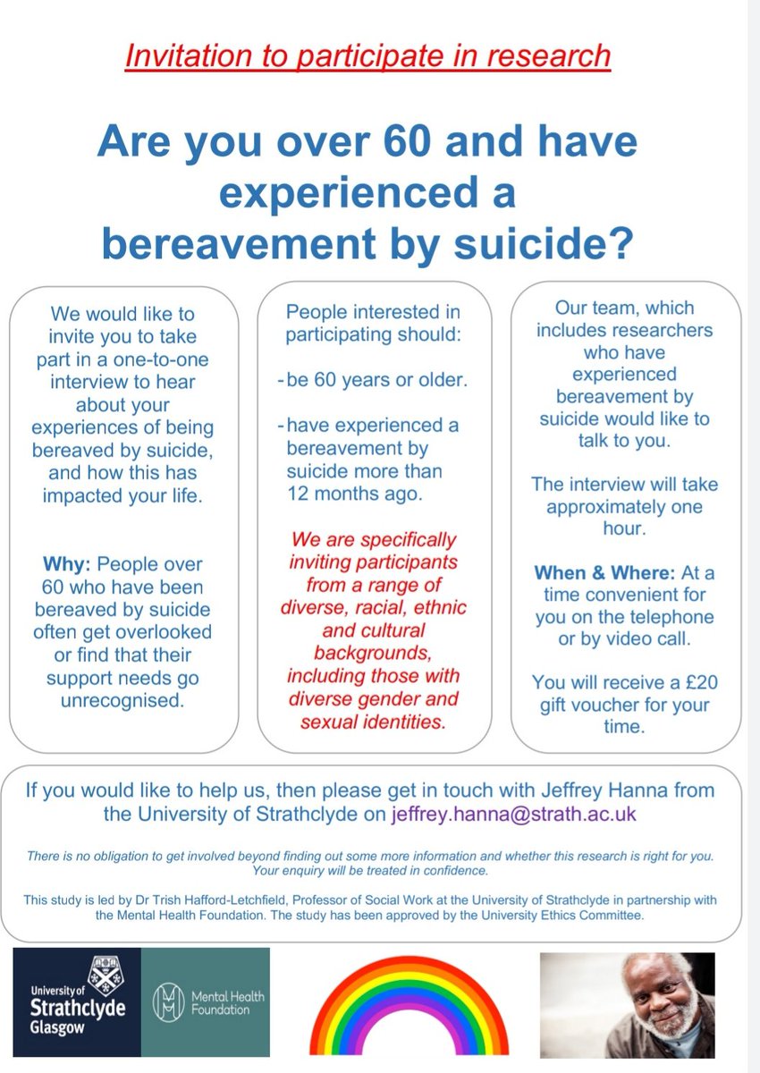 Can you help us by taking part in our study on #bereavement by #suicide in #laterlife @adeleandmaddie @LGBTfdn @SBUK11 @SOBScharity @IASR_Suicide @MindOutLGBTQ @SJMcDonn @BereavementNBA @CruseCare @LeedsBForum @GriefChat @GiveUsAShout @ArchwayDiva