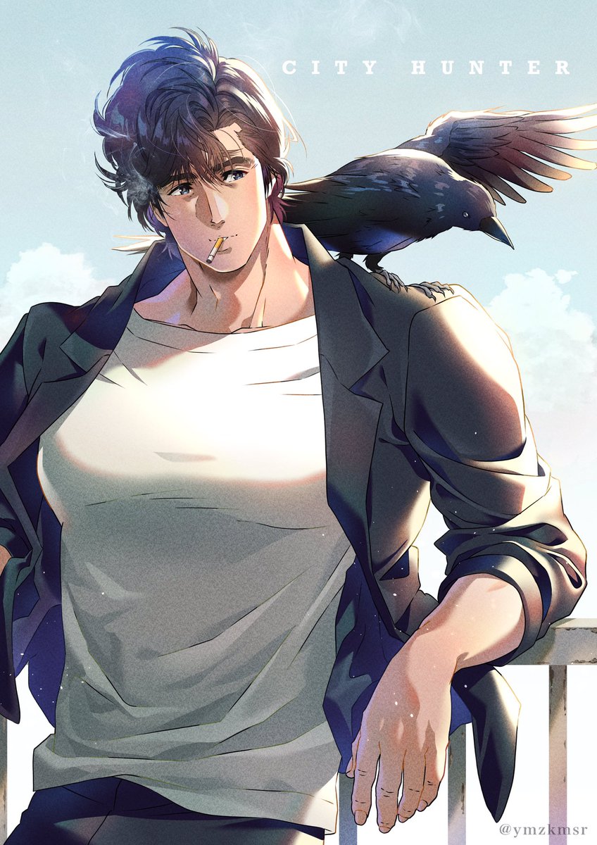 1boy male focus cigarette bird jacket shirt crow  illustration images