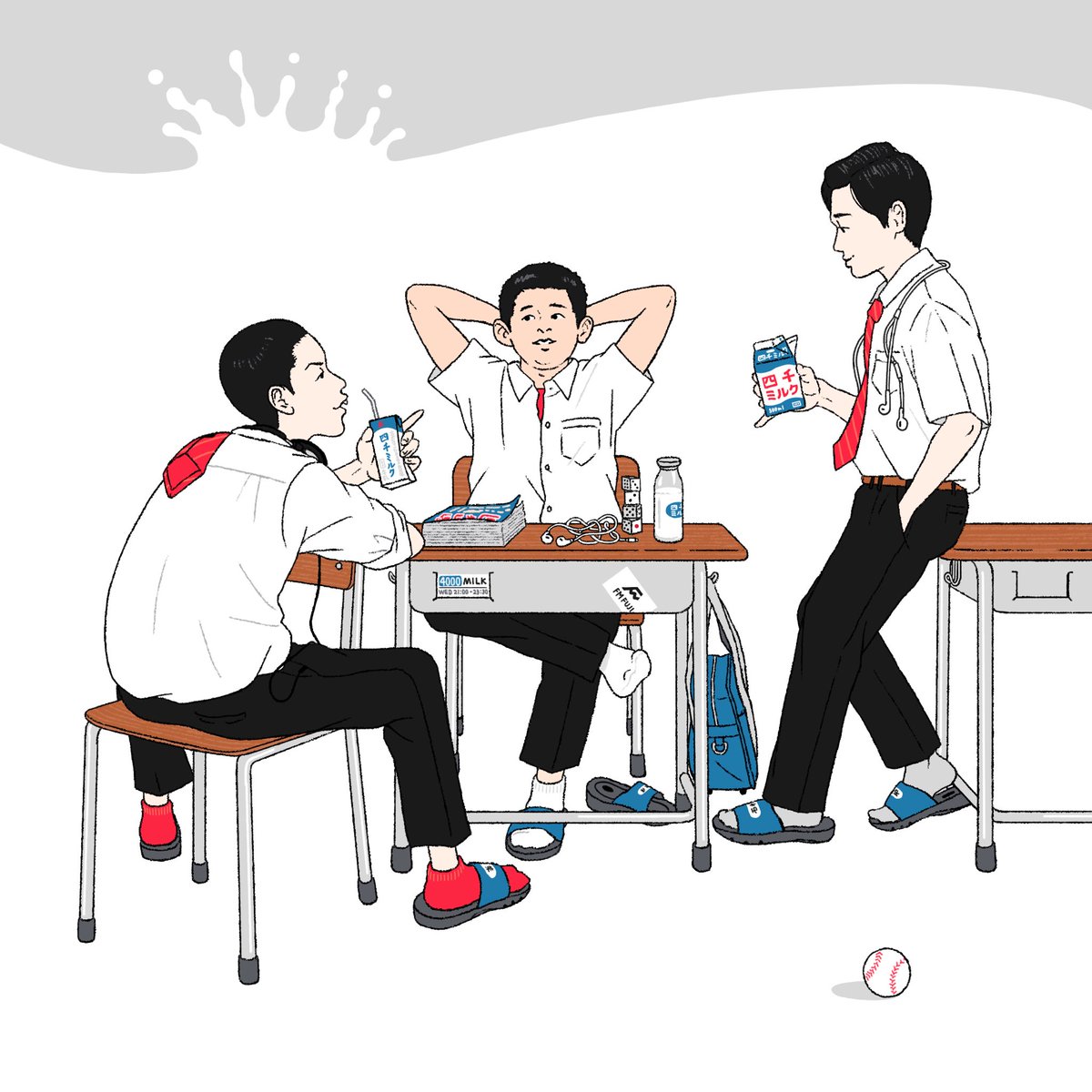 3boys male focus desk multiple boys necktie school desk sitting  illustration images
