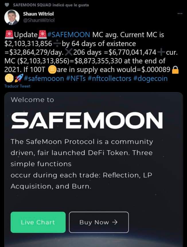 $0.000089 * (# of your tokens) = $ Expected amount at the end of the year 

0.000089 / 0.0000049 (price today) = 18.1632

18.1632 * your current total amount of your SFM in USD = $ your expected income

This is going to be fun. Let's go 👩‍🚀👨‍🚀💨🚀🌘

#SAFEMOON 
#Safemoontothemoon