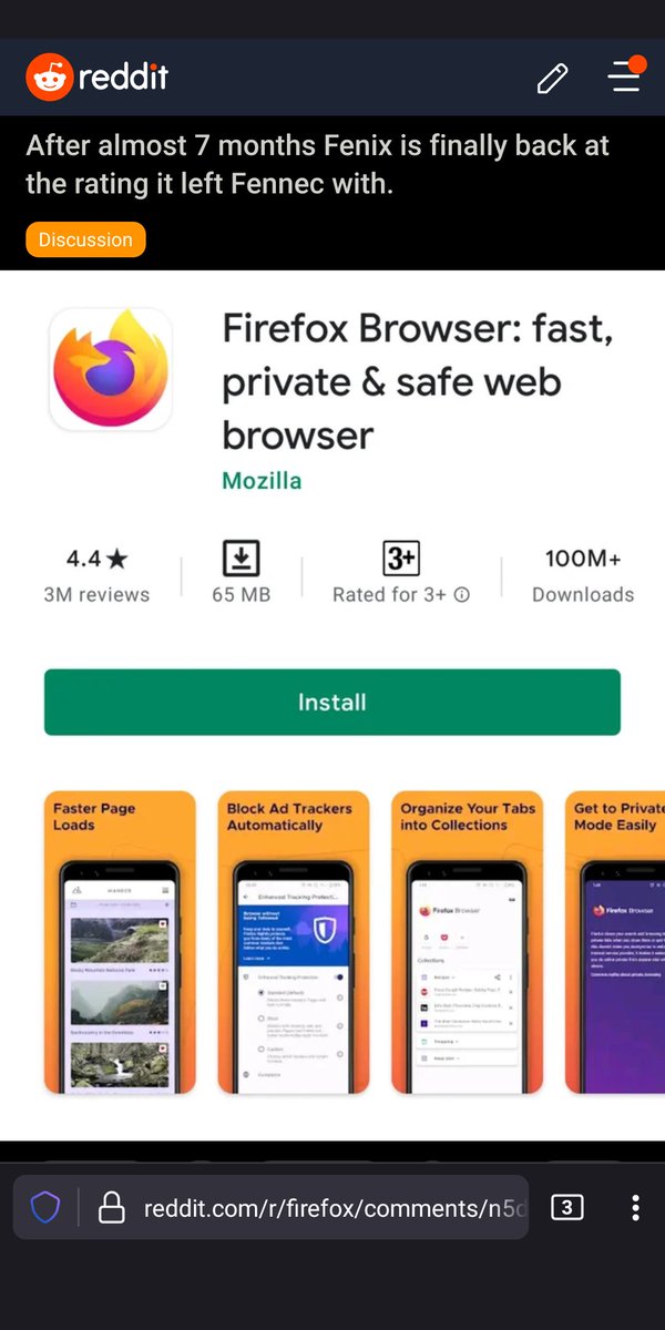 ⭐ After 7 months since it's release, Fenix reached the same rating Fennec used to have before the rewrite, that is 4.4 stars. Chrome has 4.1. What's next? ☺️ reddit.com/r/firefox/comm…