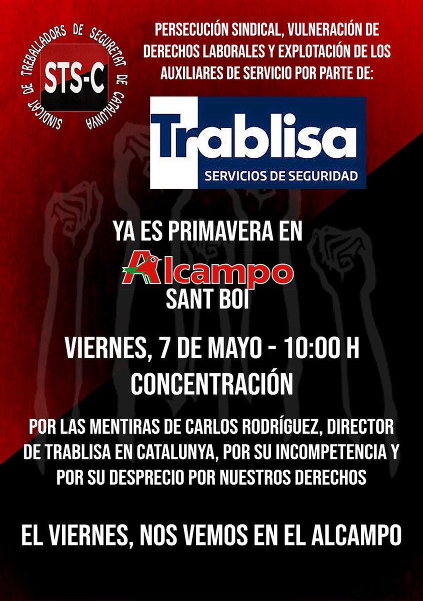 perezosoyactivo's tweet photo. @Trablisa @TrablisaC @alcampo #Santboi @RadioSantBoi @20m @STS_Catalunya @SantBoi_Info @santboicamina este viernes nos concentramos contra la persecución sindical, persecución de algunos mandos intermedios contra los trabajadores y despido de afiliad@s al sindicato https://t.co/WoPwAnRJmo