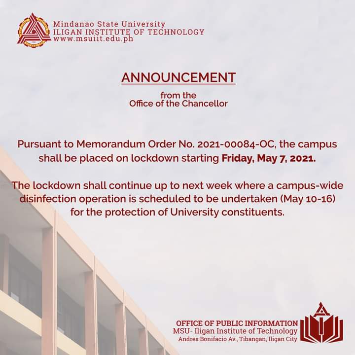 Lockdown of Campus Starting Friday, May 7, 2021

Please see Memorandum Order here: msuiit.edu.ph/announcements/…