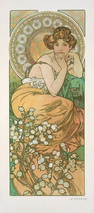 Alfons Maria Mucha (24 July 1860 – 14 July 1939) was a Czech painter, illustrator and graphic artist, living in Paris during the Art Nouveau period, best known for his distinctly stylized and decorative theatrical posters, particularly those of Sarah Bernhardt. 