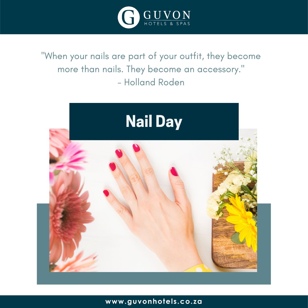 It's #NailDay

If your a nail fanatic &amp; love decorating your nails with bright colors &amp; intricate details, then this is the day for you.

Celebrate by getting a #manicure or #pedicure at #GuvonSpas:
guvonhotels.co.za/spas/

#GuvonHotels #GlenburnSpa #KloofzichtSpa #TheFairwaySpa