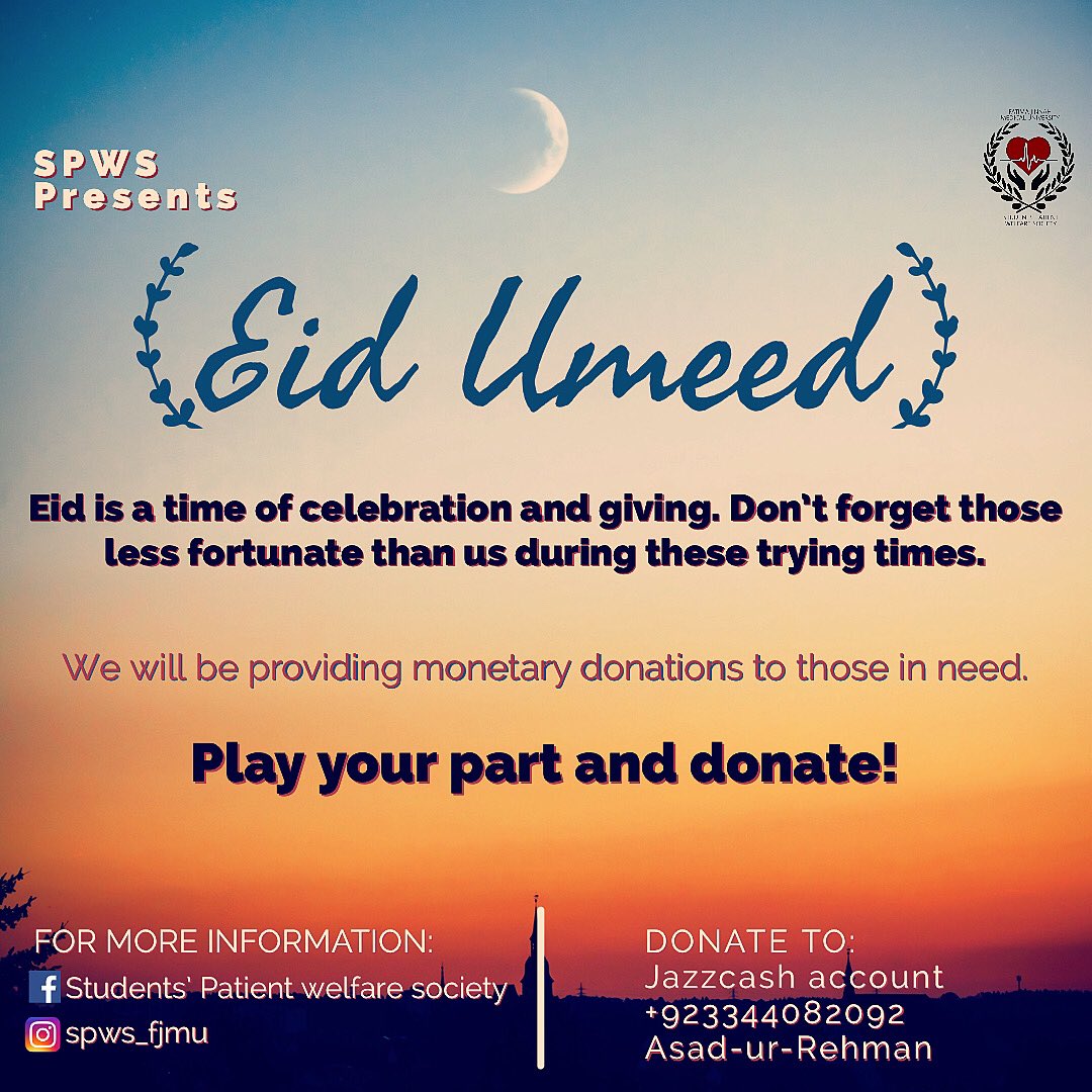 SPWS_FJMU's tweet image. SPWS is making monetary donations to help people with essential healthcare, food and other needs. 
Your smallest donations can make a world of difference in someone’s Eid! 
#Eid2021 #eiddrive #charity #EidUlFitr #eidumeed