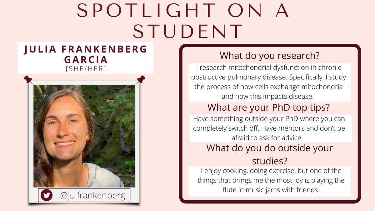 Introducing #2 in our #NHLISpotlightOnAStudent series, 
<a href="/julfrankenberg/">Julia Frankenberg Garcia</a> [she/her/hers] who studies #mitochondrial dysfunction in #COPD. Julia recommends for students to find #mentors and never be afraid to ask for adivce!
<a href="/ImperialNHLI/">NHLI</a> #PhDTopTips