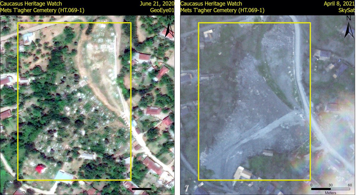  L’ #Azerbaïdjan a détruit le cimetière arménien du village de Medz Tagher en  #Artsakh occupée, comme le montre ces images satellite