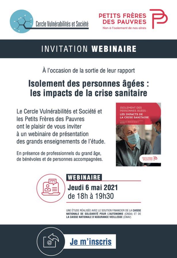CercleVS's tweet image. C’est demain à 18h00 : #webinaire de présentation des grands enseignements de l'étude "#Isolement des personnes âgées : les impacts de la crise sanitaire" @PFPauvres @CercleVS 

Pour s'inscrire : bit.ly/3d0Cgss