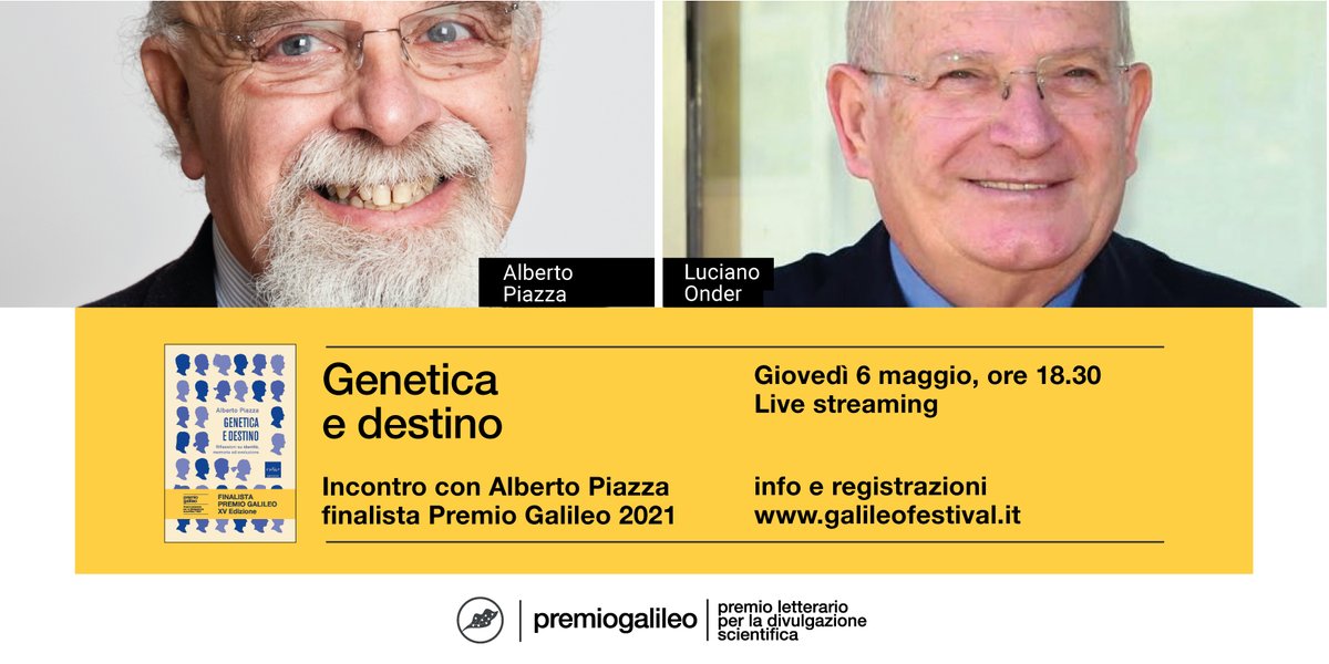 "Genetica e destino": domani 06.05 alle 18.30 Alberto Piazza presenta il suo libro finalista #Galileo21 con Luciano Onder. Per partecipare, registrati qui → eventbrite.it/e/147766524653
-
<a href="/codice_edizioni/">Codice Edizioni</a> <a href="/comunepadova/">Comune di Padova</a> <a href="/PadovaCultura/">Padova Cultura</a>