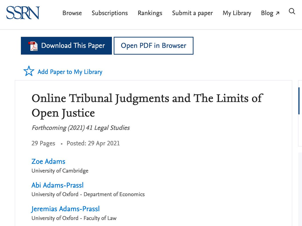 🚨New Paper alert - Online Judgments & The Limits of Open Justice: @ZoeAdam87056149 , @abicadams & I explore the implications of 70,000+ Employment Tribunal decisions freely available online 👉ssrn.com/abstract=38357… @ai4law Short 🧵