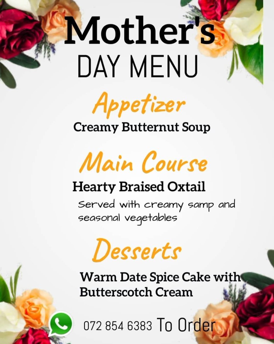Chefshivambu's tweet image. Don’t make Mom cook this Mothers Day, let us at @Infusions12 help you spoil mom with our three course lunch meal @ only R320 per person. 
Menu
Roasted butternut soup🥣
Hearty braised oxtail and samp🍛
Warm date spice cake and a butterscotch sauce🥧
 Order for delivery or pick up