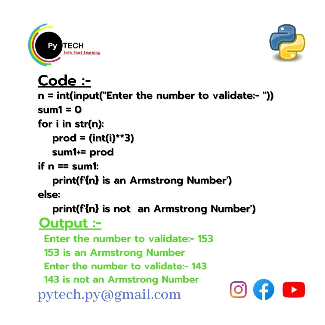 Py_Chandan's tweet image. Hi there ,
Today's Topic :- Armstrong numbers
Follow us on Instagram :-instagram.com/invites/contac…
YouTube :-youtube.com/channel/UCKeQO…
#python3#python#pythonlearning
#pythonprogramming#elearning#programmingisfun#programminglife #armstrongnumber
#PyTech