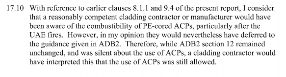 Govt has ducked this by saying another paragraph which referred to 'filler material' essentially banned the combustible core of the cladding panel. I've heard lots of people say this was rubbish and today the inquiry expert agreed.