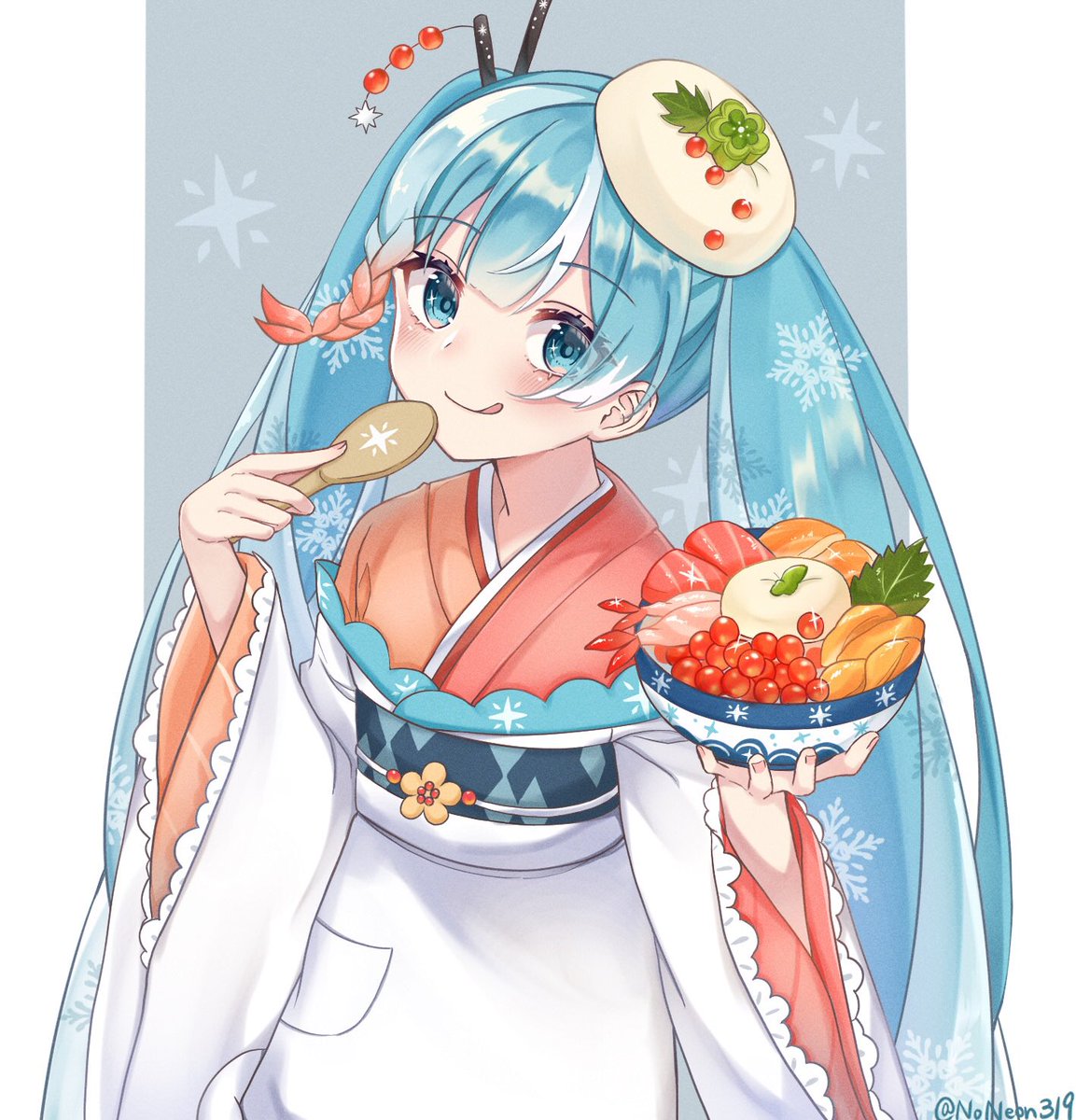 初音ミク 「海鮮丼ちゃん🦐❄️️ #雪ミク 」|NoNeのイラスト