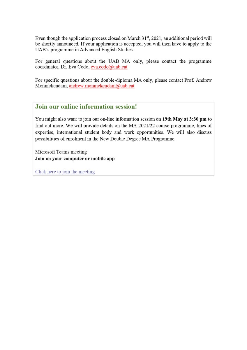 Admission to the MA in Advanced English Studies NOW OPEN for 2021/22!📙🎓👏blogs.uab.cat/advancedenglis…
Possibility to obtain a double MA Degree in English and American Studies UAB-University of Ca'Foscari (Venice)!
Online information session on 19th May 3:30pm!👇