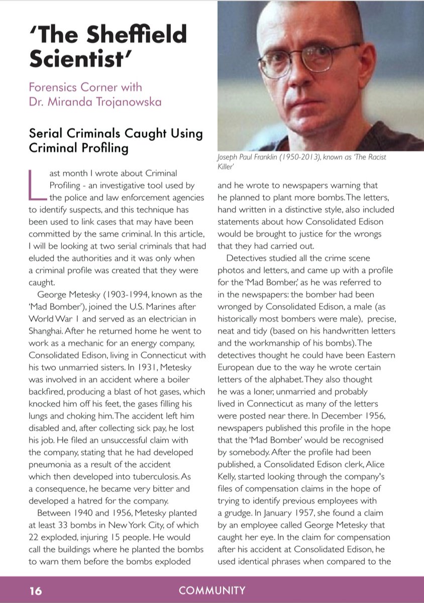 SheffSci's tweet photo. 'Serial Criminals caught using Criminal Profiling' in Steelmekker's Issue 16. The history of Criminal Profiling is in Issue 15. https://t.co/1tCLyrVEE1
#criminalprofiling
#criminology #serialcriminals https://t.co/tSSwpc3yP7