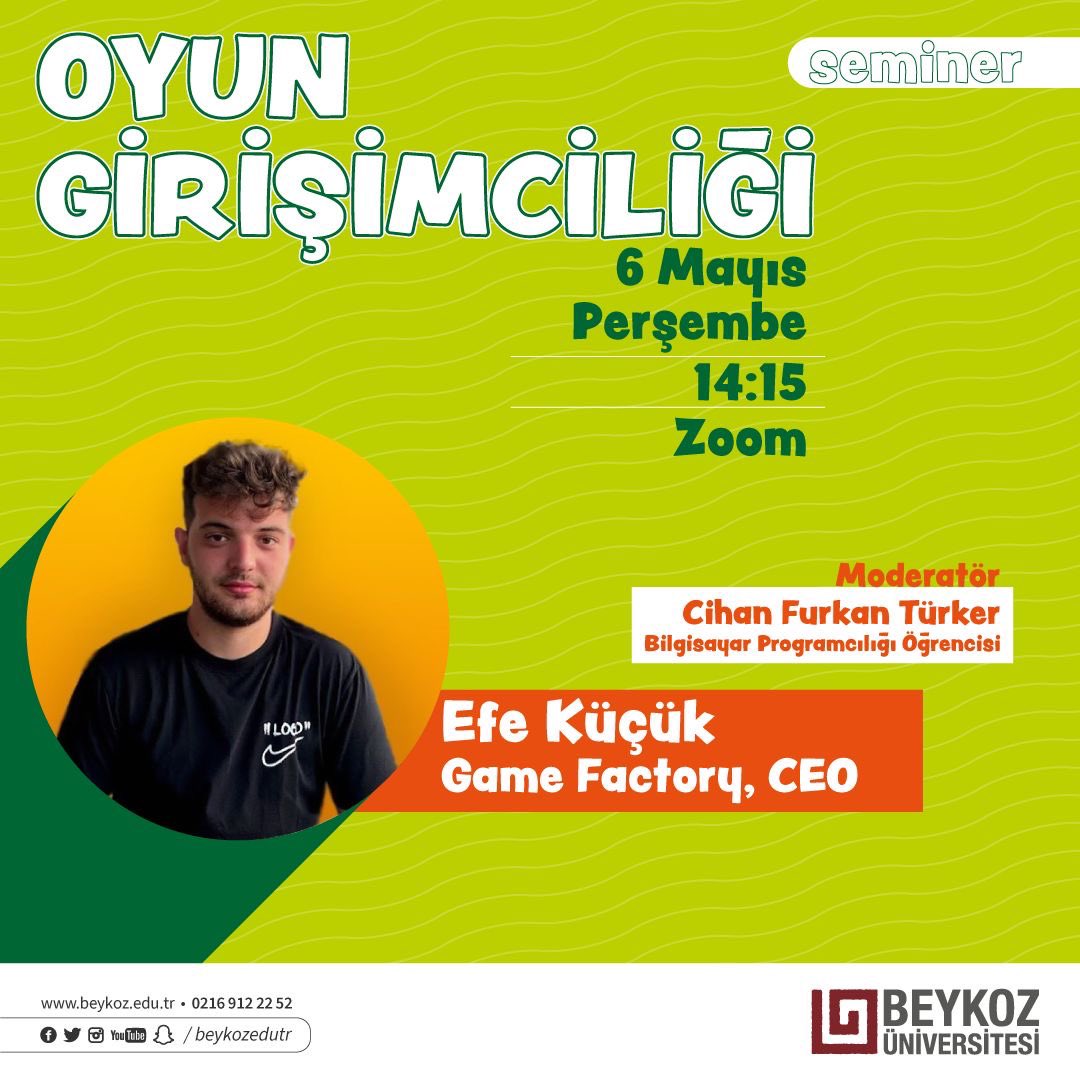 🌟Game Factory CEO’su Efe Kucuk, oyun girişimciliği semineri ile sizlerle!

🎮 Beykoz Üniversitesi tarafından Zoom üzerinden gerçekleşecek bu etkinlikte geleceğin girişimcileri için en önemli başlıkları konuşacağız.

📌Yarın saat 14:15’de

👇🏻Katılım Linki; zoom.us/j/91840354801?…