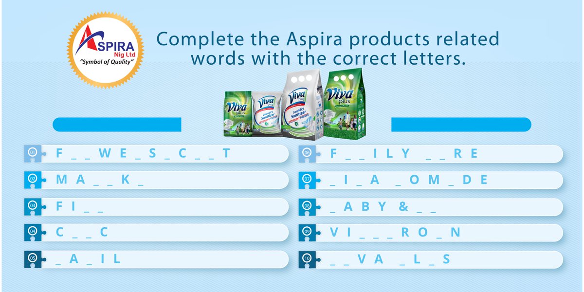 Its puzzle time!

Lets see who can complete the ASPIRA PRODUCT related words with the right letters.

#Viva #vivapuzzle #wednesdayfun #wednesdaypuzzle #puzzle #wednesday #wordsearch #words #completethewords #fillintheblank #laundrypuzzle #laundryrelatedwords #laundry #LaundryDay