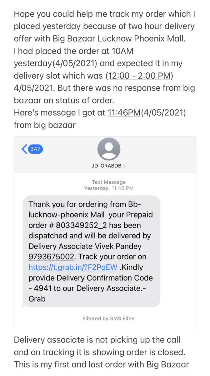 Smita Srivastava (@talktosmita) on Twitter photo <a href="/BigBazaar/">Big Bazaar</a> Please look into your service and delivery associates who are so irresponsible to even pick call and update with order status. Claiming to deliver the order in two hours which didn’t even get deliver till 24 hour until now. <a href="/BigBazaar/">Big Bazaar</a> <a href="/BigBazaar/">Big Bazaar</a> Please look into your service and delivery associates who are so irresponsible to even pick call and update with order status. Claiming to deliver the order in two hours which didn’t even get deliver till 24 hour until now. <a href="/BigBazaar/">Big Bazaar</a>
