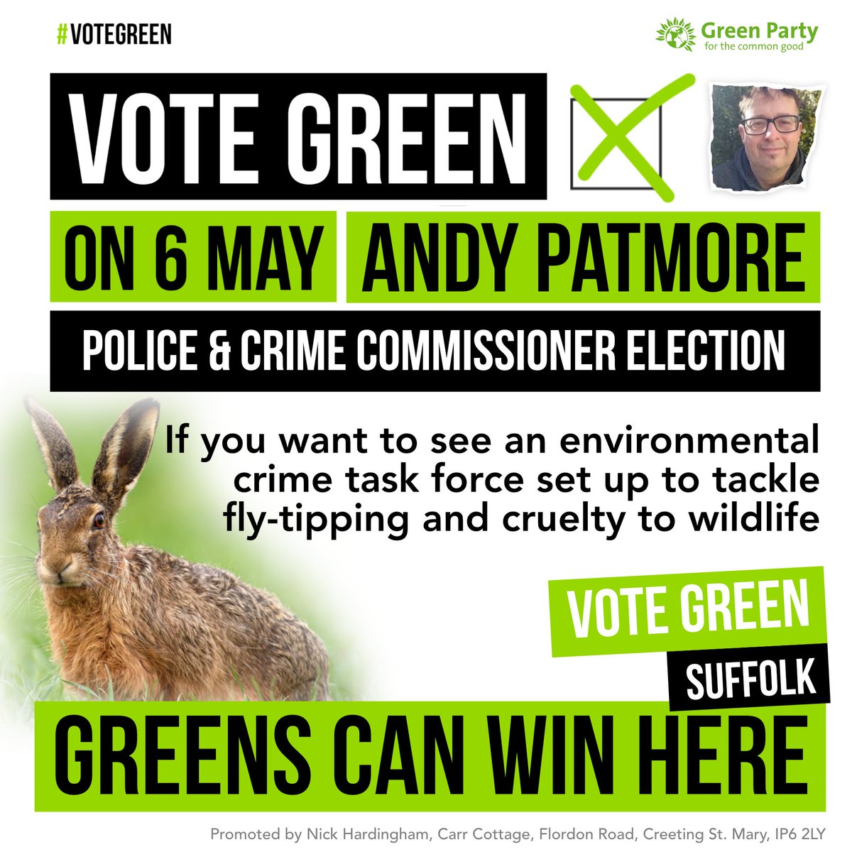 Help to elect England's first Green Party Police &amp; Crime Commissioner. If you care about #wildlife &amp; want wildlife crime &amp; illegal hunting to be taken seriously, plus have a more tailored community-focused approach to policing, #VoteGreen for <a href="/andypatmore/">Andy Patmore</a> tomorrow #GreenFuture