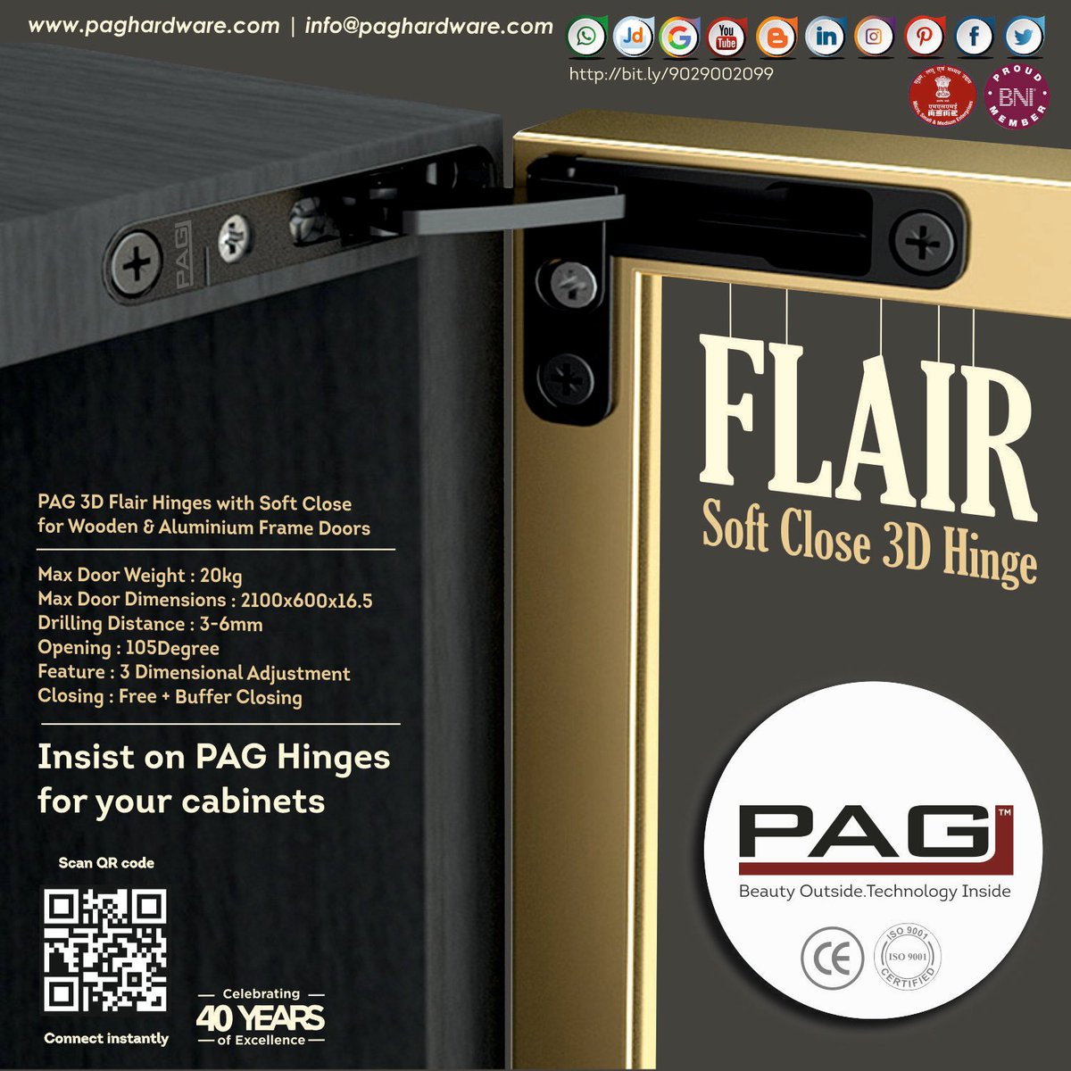 paghardware's tweet image. PAG Flair Hinges with Integrated soft close mechanism #SlimDesign #Clean #Hydraulic #3DAdjustments #ArchitectsofIndia #FurnitureManufacturers #FurnitureDesign #KitchenDesign #KitchenCabinets #Home #DoorHardware #FurnitureFittings #Hinges