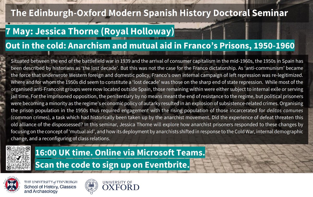 A reminder that this Friday, <a href="/jlthorne_/">Jess Thorne</a> will be discussing anarchism and mutual aid in the prisons of Francoist Spain during the 1950s.
