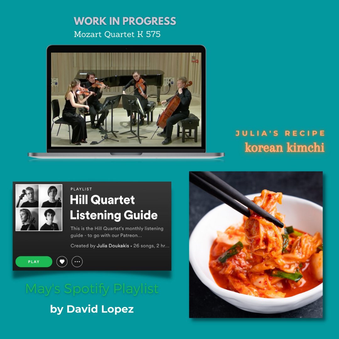 Patreon time! This month our second violinist David has taken the helm on the Spotify playlist and Julia shares her spicy Korean Kimchi recipe. Also some work-in-progress video’s of Mozart K575 and Schubert too! patreon.com/hillquartet
