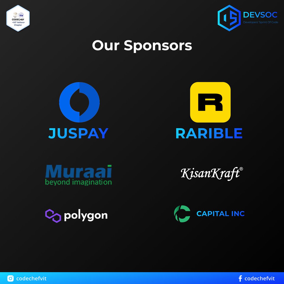 codechefvit's tweet image. CodeChef-VIT expresses sincere gratitude to all the sponsors and partners for their generous contributions and exceptional support to pull off DEVSOC with great glory. You are to us what an abutment is to a bridge!
#TheLordOfAllHacks #devsoc #codechefchapters #sponsors #tech