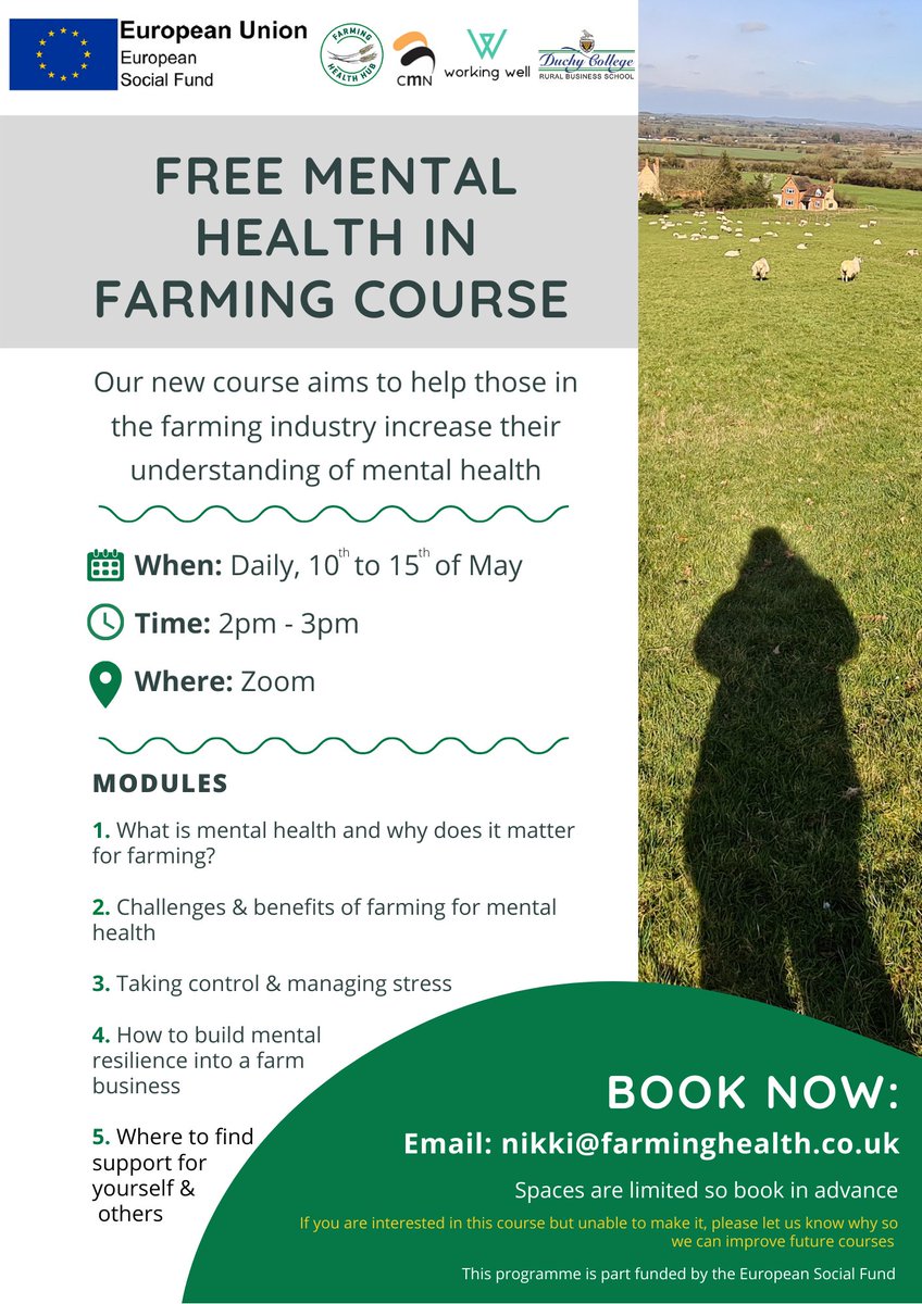 There are still some places on our Mental Health Awareness in Farming Course starting next week! You don't have to attend all 5 sessions but can drop in and out.  We already have a range of farmers, family members, ag support businesses and advisors attending.