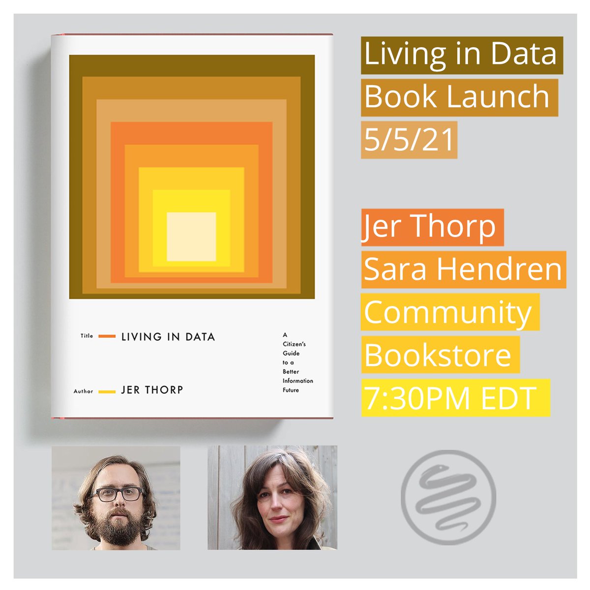 Good morning! Today's the day: Sara Hendren joins me at 7:30 ET to officially release Living in Data out in the world. Hosted by @CommunityBkstr! As tradition requires I'll break a tiny bottle of champagne on the cover of the first copy of the book. communitybookstore.net/thorp-data