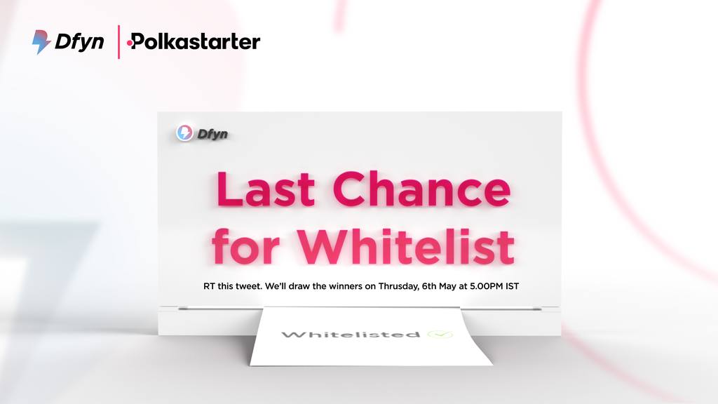 DFYN (@_dfyn) on Twitter photo You have 24 hours to get one last chance for a whitelist spot of DFYN IDO on <a href="/polkastarter/">Polkastarter</a> ๐ฅ
Instructions ๐
๐ Follow @_DFyn and <a href="/routerprotocol/">Router Protocol</a>
๐ RT this tweet
๐
We will draw winners tomorrow, 6th May at 5:00 PM IST.
Good luck!๐ค
$DFYN
#Dfyn #IDO #Whitelisting You have 24 hours to get one last chance for a whitelist spot of DFYN IDO on <a href="/polkastarter/">Polkastarter</a> ๐ฅ
Instructions ๐
๐ Follow @_DFyn and <a href="/routerprotocol/">Router Protocol</a>
๐ RT this tweet
๐
We will draw winners tomorrow, 6th May at 5:00 PM IST.
Good luck!๐ค
$DFYN
#Dfyn #IDO #Whitelisting