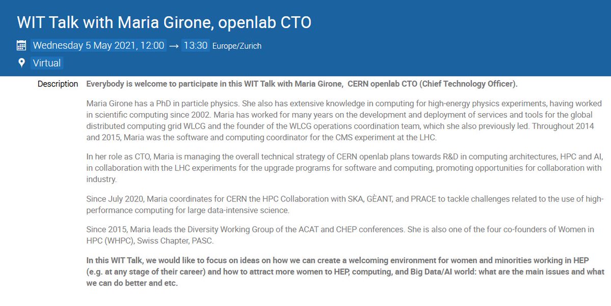 The best kind of lunch break is listening to Dr Maria Girone, CTO of <a href="/CERNopenlab/">CERN openlab</a> (my mom!) discuss her achievements in #HEP #Computing, diversity, &amp; how crucial affordable childcare was at the start of her career (yes, you heard me, employers) in her candid WIT talk #womenintech