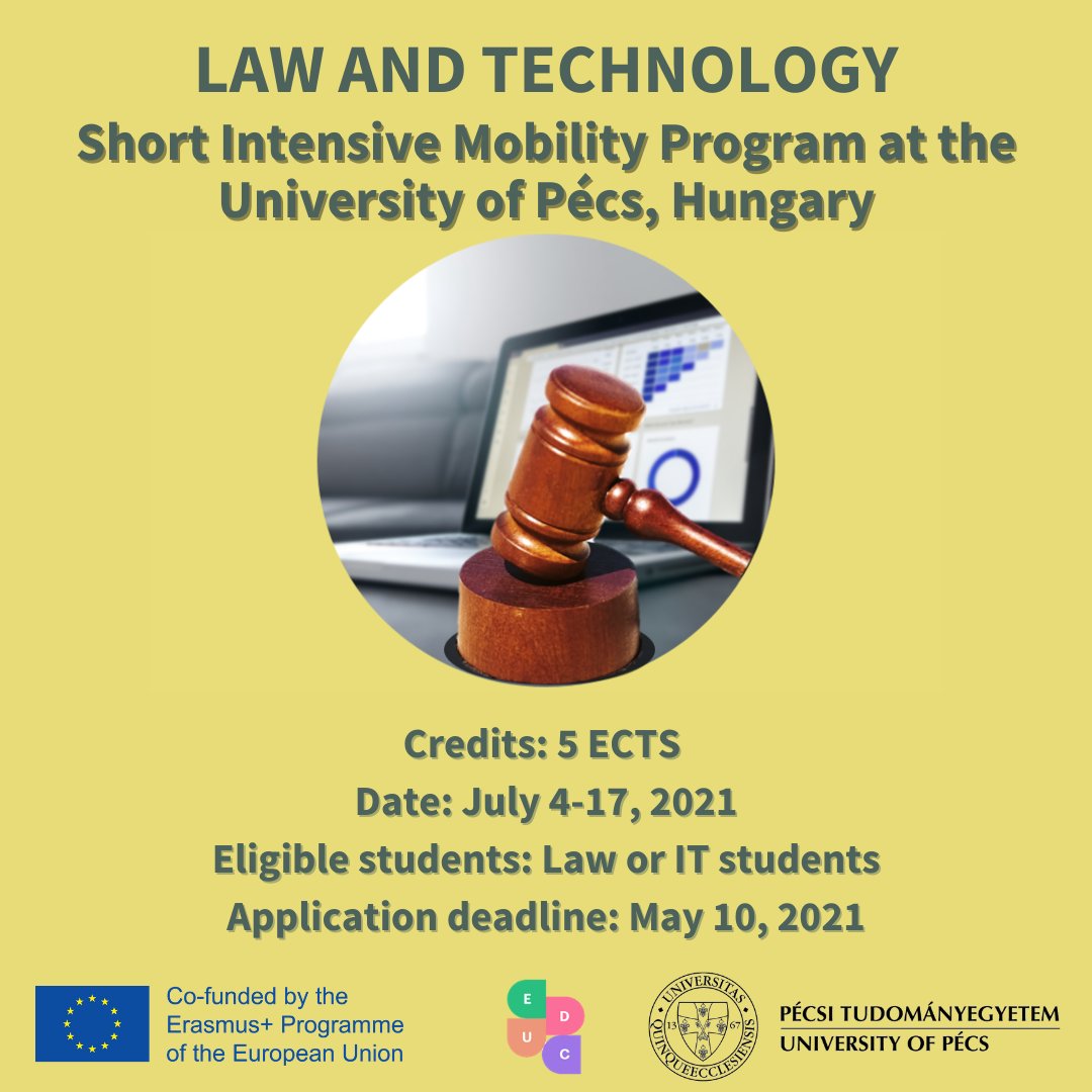 EDUC (@educunivercity) on Twitter photo Enroll for a FREE Summer School <a href="/pte1367/">University of Pécs (UP)</a>
Study Law & Technology with a scholarship, immerse yourself in the EDUC community and earn credits!
Interested in this unique opportunity?
Contact the EDUC office of your home university.
Deadline for applications: 10th May 2021. Enroll for a FREE Summer School <a href="/pte1367/">University of Pécs (UP)</a>
Study Law & Technology with a scholarship, immerse yourself in the EDUC community and earn credits!
Interested in this unique opportunity?
Contact the EDUC office of your home university.
Deadline for applications: 10th May 2021.