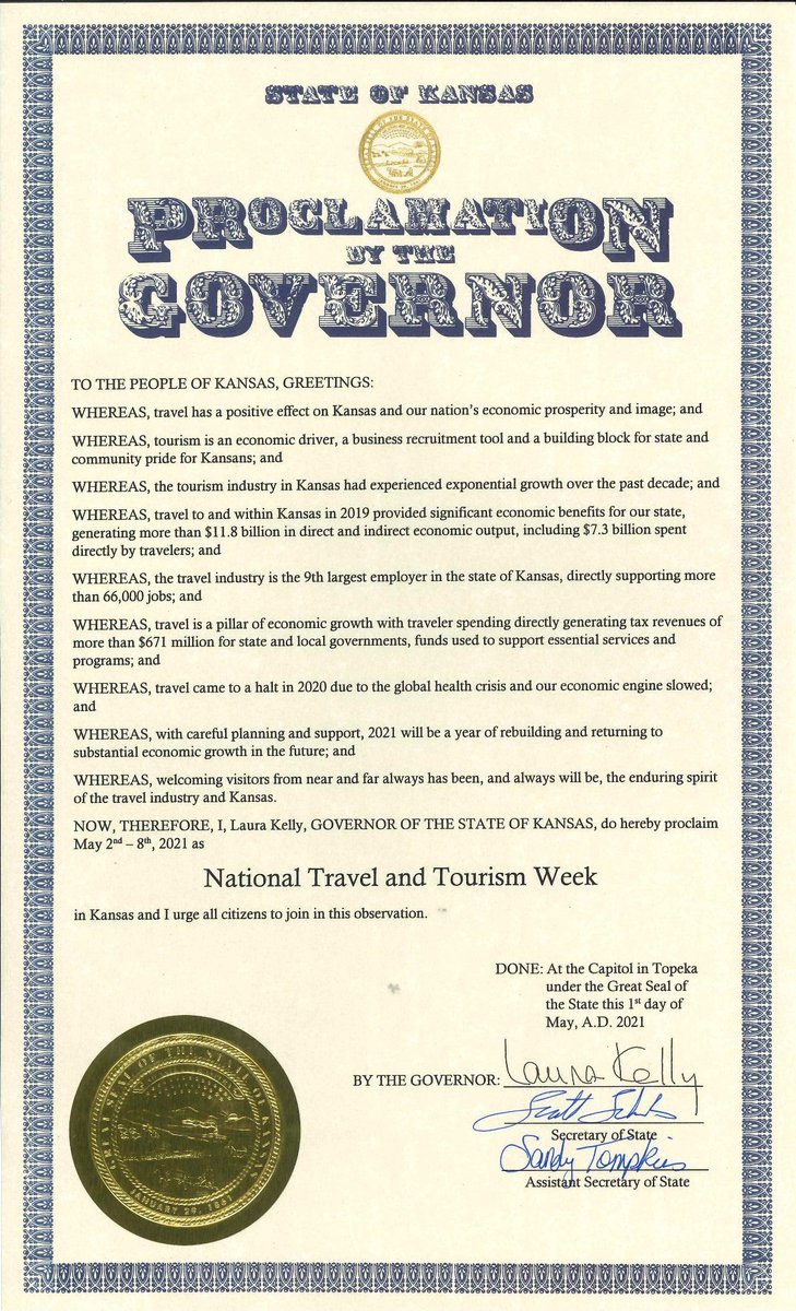 GovLauraKelly's tweet image. Did you know that Kansas’s tourism industry:
✅ Is the 9th largest employer in the state;
✅ Generated &amp;gt; $11.8 billion in 2019; &amp;amp;
✅ Supports essential services statewide?
Happy Travel and Tourism Week, Kansas! Celebrate by visiting one of our state’s many destinations this week.