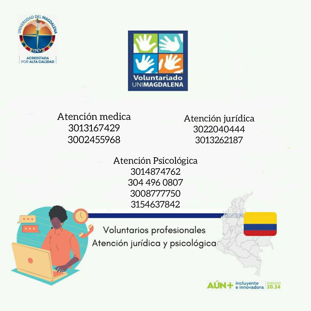VoluntaUNIMAG's tweet photo. El Voluntariado de la Universidad del Magdalena teniendo en cuenta la coyuntura nacional actual brinda las siguientes lineas amigas en las cuales puedes buscar ayuda. https://t.co/9K1uY7rtnA