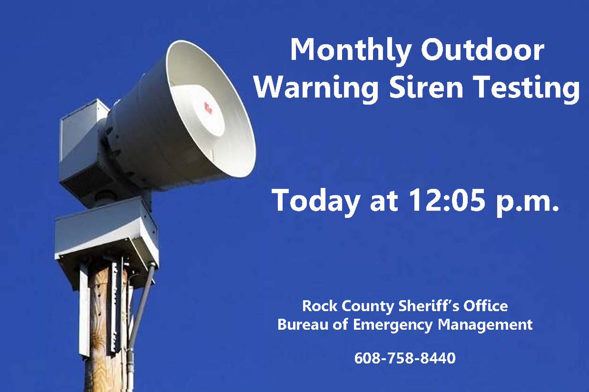RockSheriffWI's tweet image. Don't be alarmed! The Outdoor Warning Sirens are about to be tested. This is only a test. 
If you notice any siren is not working properly across Rock County, please report the matter to Emergency Management at 758-8440.