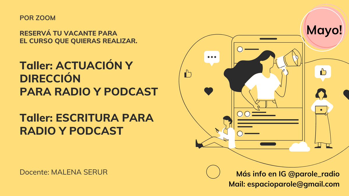EspacioParole's tweet photo. @maleserur estará dando estos #cursosonline:  #interpretar #texto y #escritura para #radio y #podcast. Más info en espacioparole@gmail.com 
Dale RT https://t.co/vFZiaoUQK2