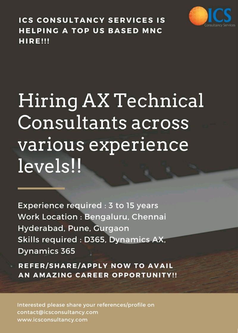 ICS_Jobs's tweet image. Hiring AX Technical Consultants for a reputed client across India. Exp: 3 to 15 years. Mail: manju@icsconsultancy.com.
#AXTechnical #Axapta #D365 #Dynamics365 #AX2012 #bengaluru #hyderabad #chennai #jobs #hiring #opportunity #gurgaon #pune #vacancy #Bengaluru