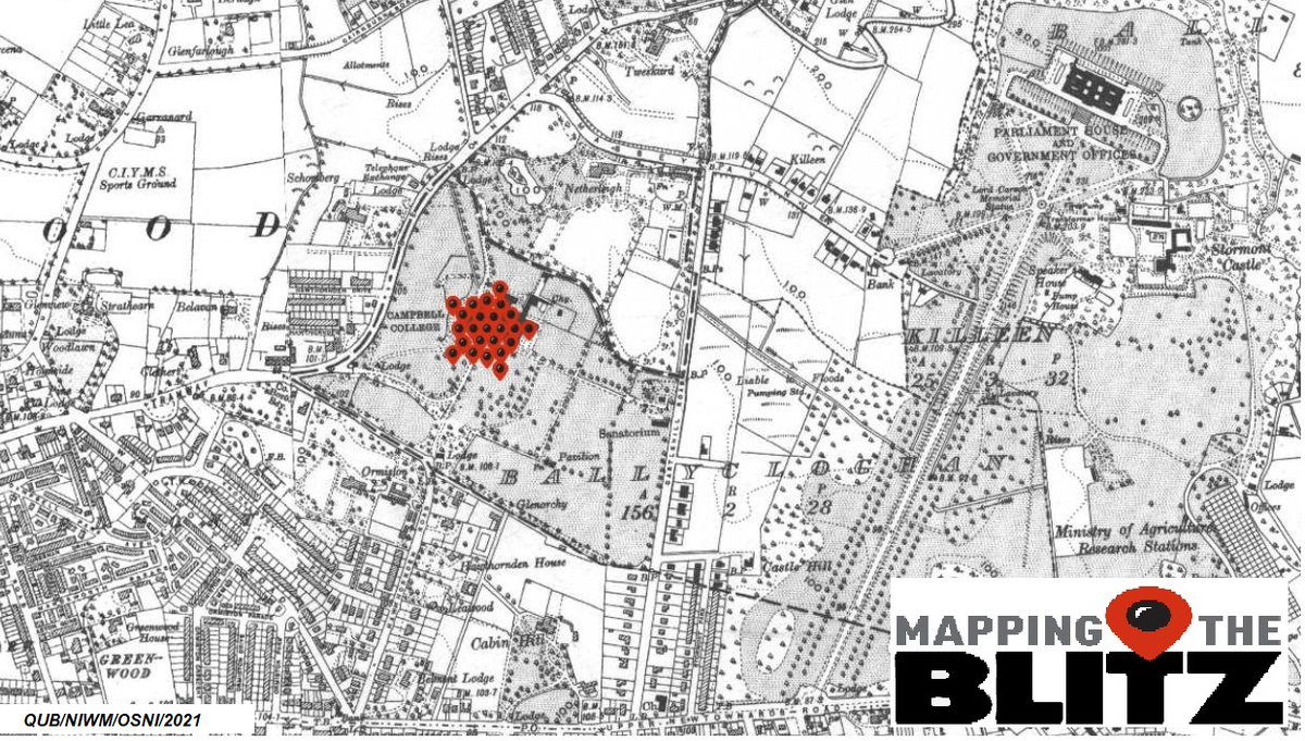 Blitzkrieg was not 'precision' bombing, institutions not 'marked' by Luftwaffe cartographers suffered equally. Campbell Collage c1km away from Stormont housed 'No 24 British General Hospital'. 23 men & 1 woman, medics, service personal & civilians where killed in a direct hit 5/