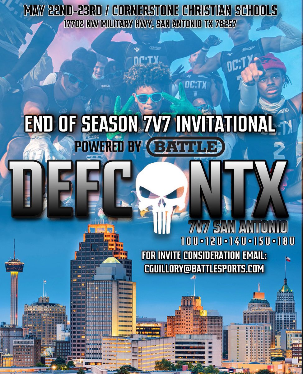 BrandidSports's tweet photo. 🚨Big announcement🚨

@DEFCONTX7v7 is bringing @Battle to Central Texas! #7v7 

Pull up in San Antonio! #The210 https://t.co/yyEsaLWUqT