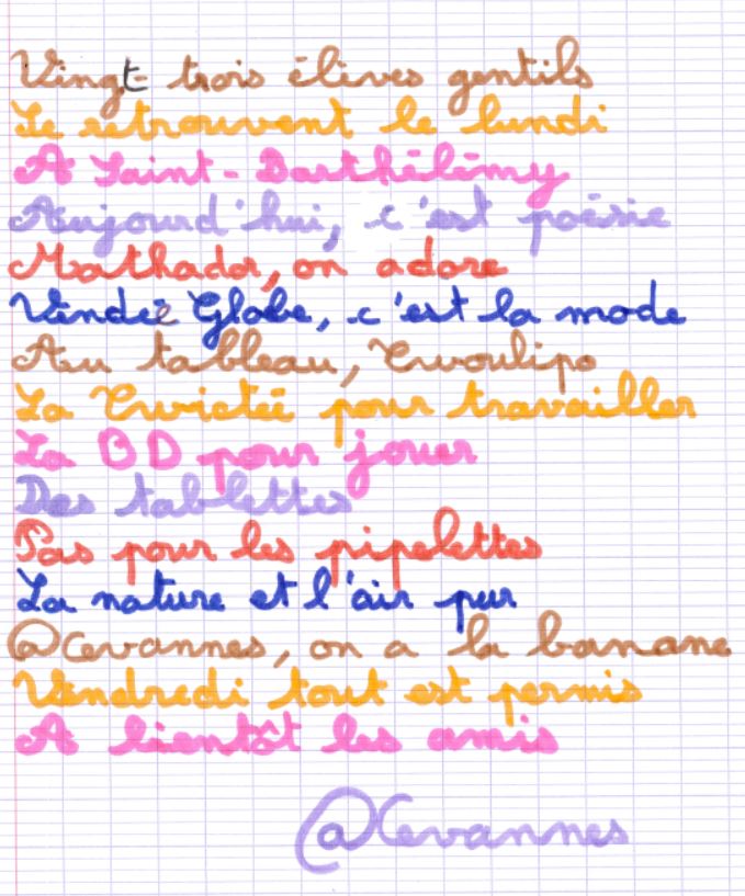 <a href="/palanguebeatri1/">Palangue</a> <a href="/TwittenRimes/">TwittenRimes</a> #présentation 
Bonjour les Ce2 Cm1 Arblade en Gascogne!
Nous sommes heureux de participer avec vous à #twittenrimes.
Voici notre poésie pour vous présenter notre classe: