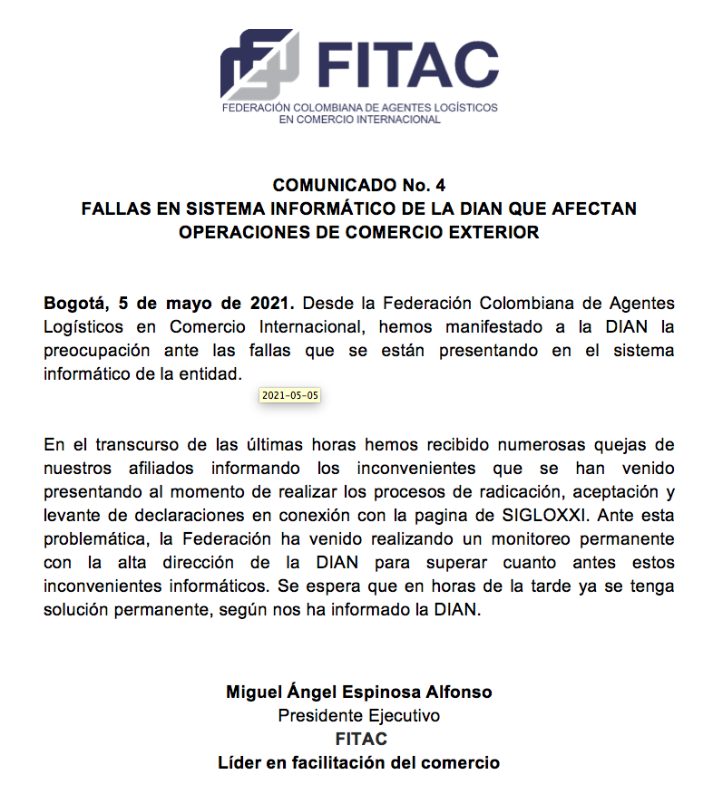 FITACNAL's tweet photo. #ComunicadoFITAC No.4 - Fallas en el sistema informático de la DIAN que afectan operaciones de comercio exterior. https://t.co/Q2mtOa2KXl