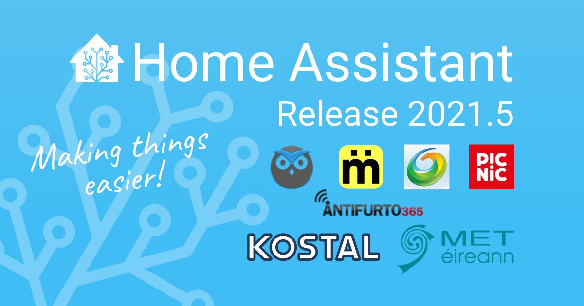 Home Assistant Core 2021.5.0! 😎

home-assistant.io/blog/2021/05/0…

Improved database and start-up handling, an updated look and feel for the integrations dashboard, we now have color modes for lights and trigger-based binary template sensors!