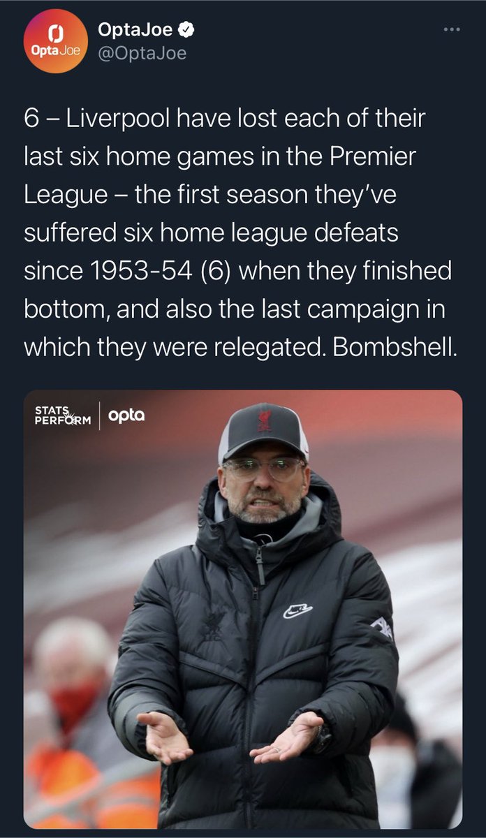But the culmination came down to what we’re seeing now. A team shadow of itself who can’t compete at all. Klopp lost 6 home games on a bounce as he dropped from 1st to out of the top 4. During this horrible run of 6 home defeats, Liverpool created a combined 7 big chances