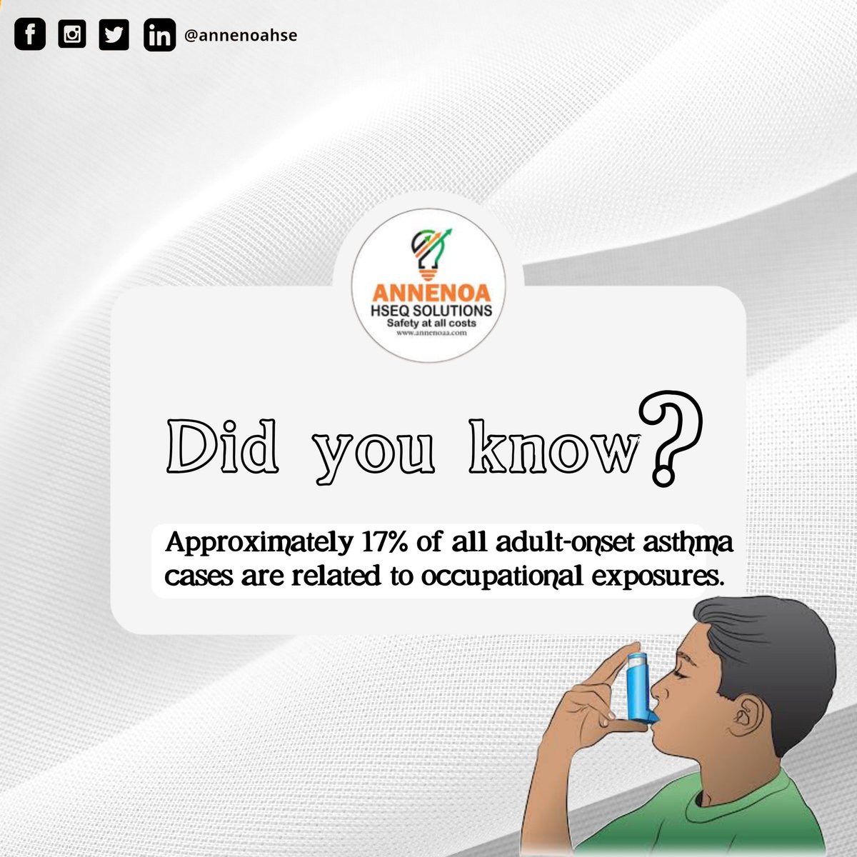 Did you know? 
Occupational asthma is one of the two types of work related asthma. And it is caused by inhaling in substances at work, like dust, chemicals, fumes and animal fur. #Annenoahseq #WorldAsthmaDay2021
#OccupationalAsthma #AsthmaPrevention #Awarenessonasthma
#AsthmaMgt