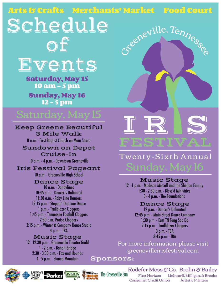 The 26th Annual Iris Festival is almost here and we couldn't be more excited! Check out our Schedule of Events to help plan your weekend 🤗 

For more information about the festival, please visit the link below ⬇️

discovergreenevilletn.com/blog/events/ir…

#IrisFestival #DiscoverGreenevilleTN