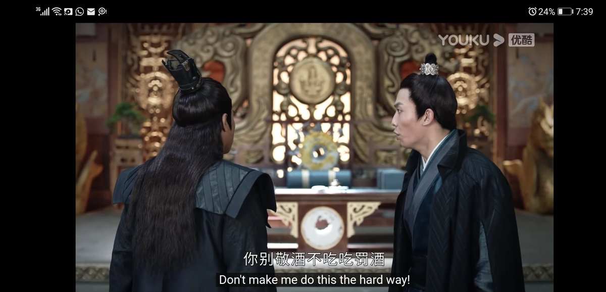  #shlengsubs ok this one defs is unclear.敬酒: wine raised as a toast of respect. 罚酒: wine given as a punishment. so han ying is saying "don't take wine of punishment over wine of respect!" which basically means 'do what I say when I'm asking you nicely bc alternative is Bad.'